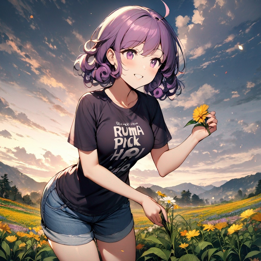 Example result. Prompt: 1girl, smiling, tshirt, jean shorts, purple curly hair, standing on a wildflower hill, bending over to pick a flower, flower in her…