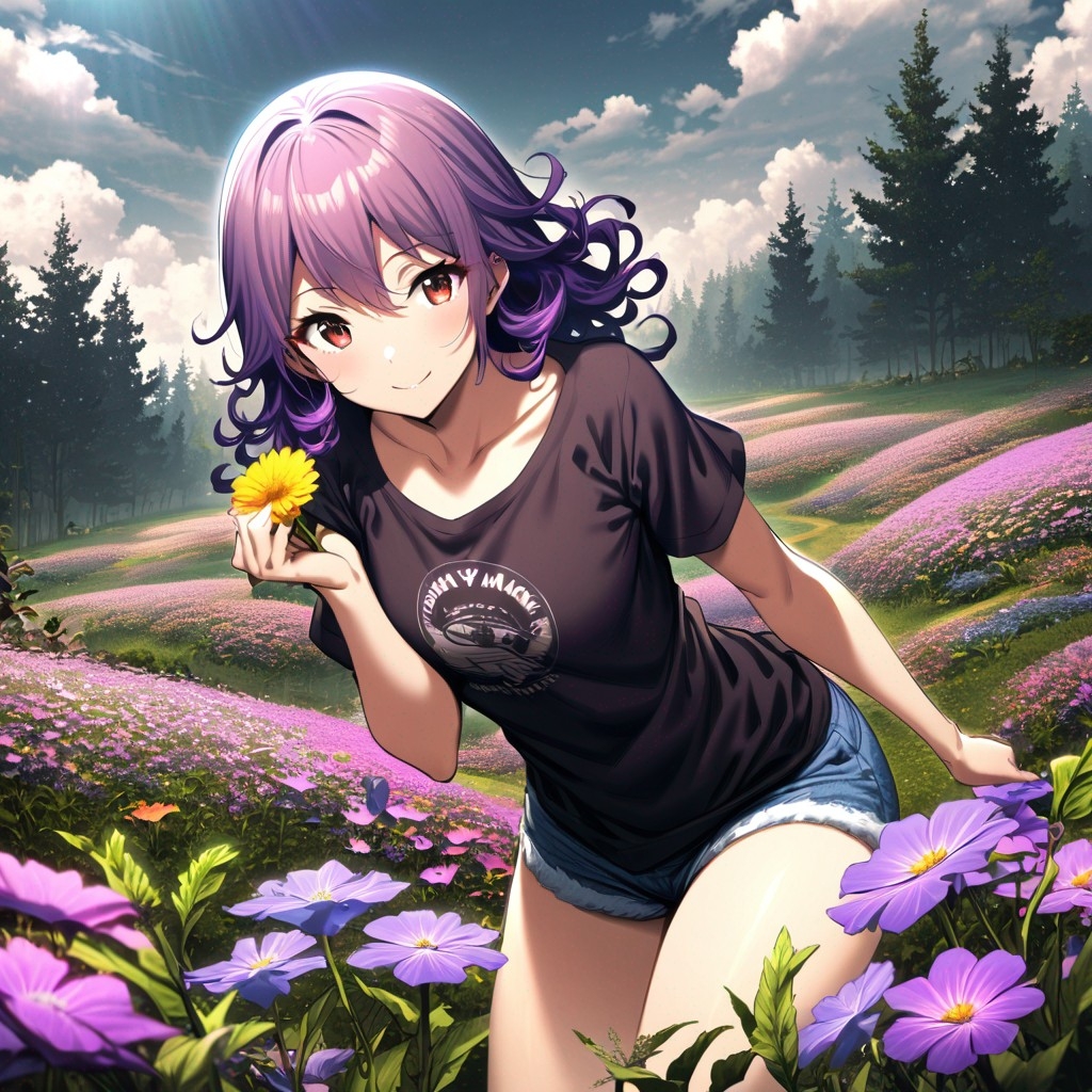 Example result. Prompt: 1girl, smiling, tshirt, jean shorts, purple curly hair, standing on a wildflower hill, bending over to pick a flower, flower in her…