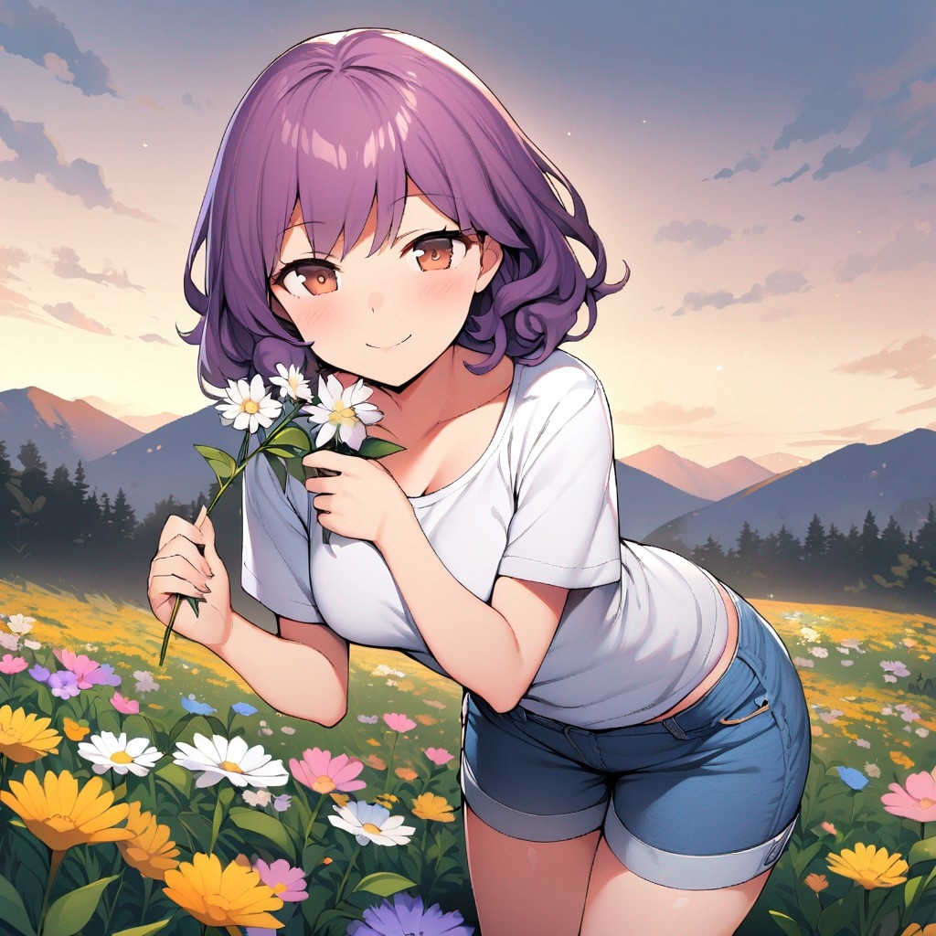 Example result. Prompt: 1girl, smiling, tshirt, jean shorts, purple curly hair, standing on a wildflower hill, bending over to pick a flower, flower in her…