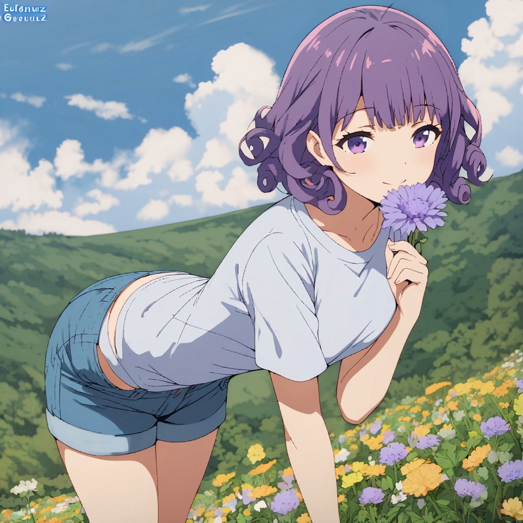 Example result. Prompt: 1girl, smiling, tshirt, jean shorts, purple curly hair, standing on a wildflower hill, bending over to pick a flower, flower in her…