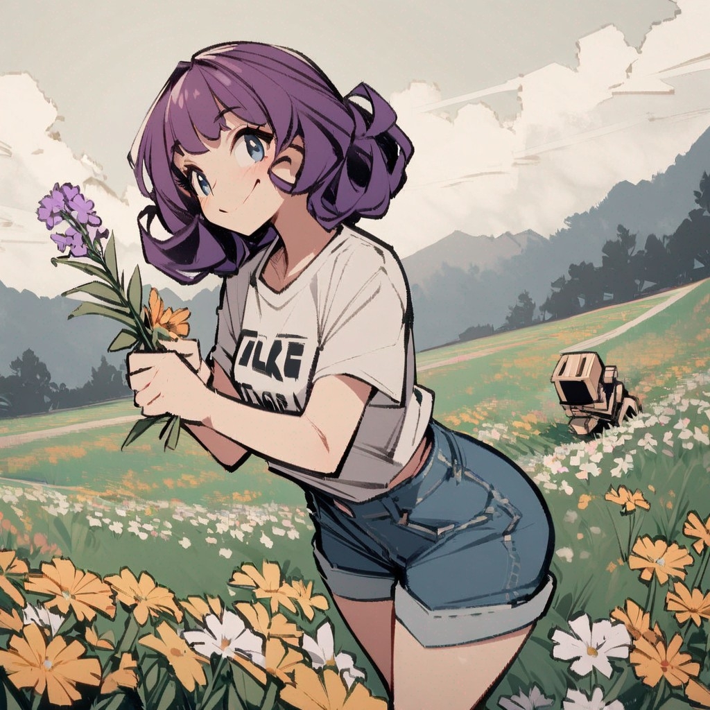 Example result. Prompt: 1girl, smiling, tshirt, jean shorts, purple curly hair, standing on a wildflower hill, bending over to pick a flower, flower in her…