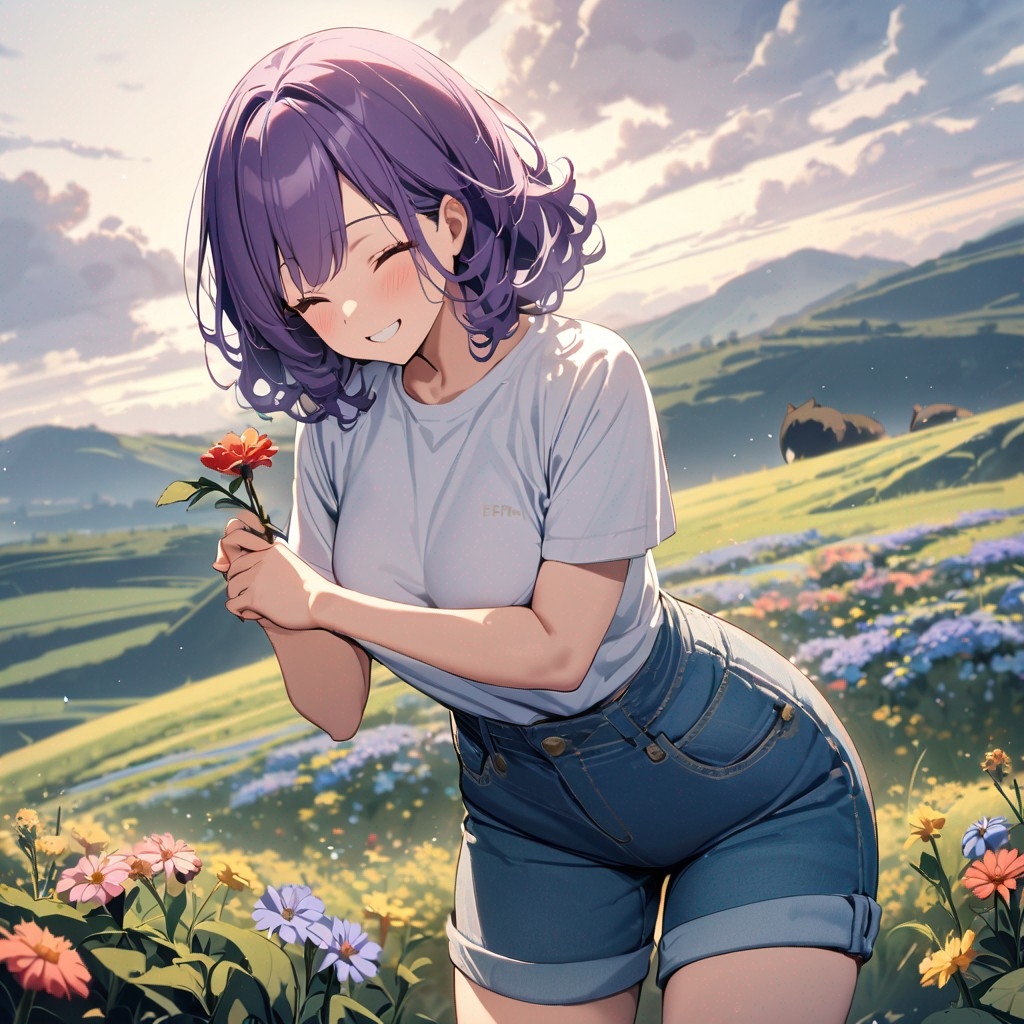 Example result. Prompt: 1girl, smiling, tshirt, jean shorts, purple curly hair, standing on a wildflower hill, bending over to pick a flower, flower in her…