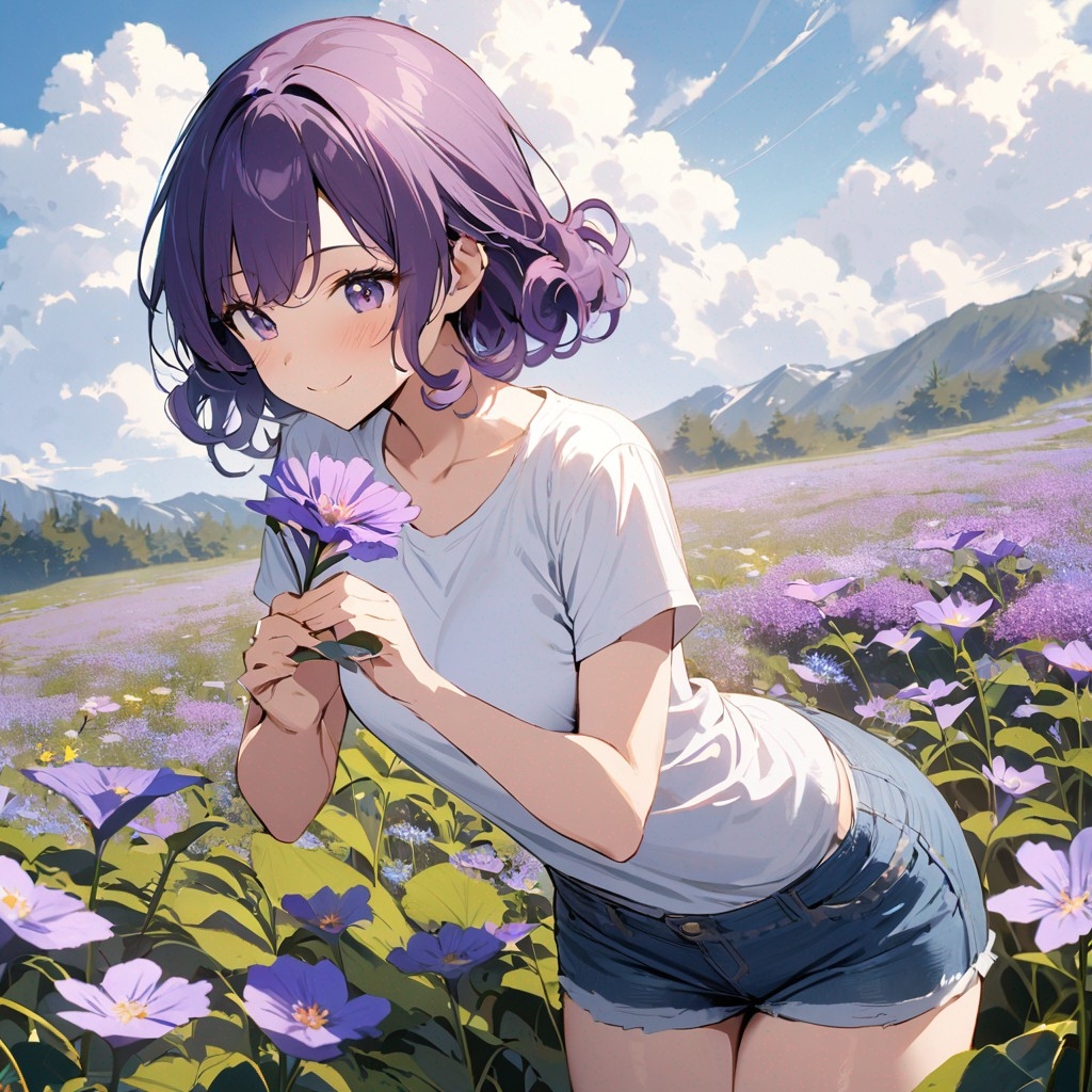 Example result. Prompt: 1girl, smiling, tshirt, jean shorts, purple curly hair, standing on a wildflower hill, bending over to pick a flower, flower in her…