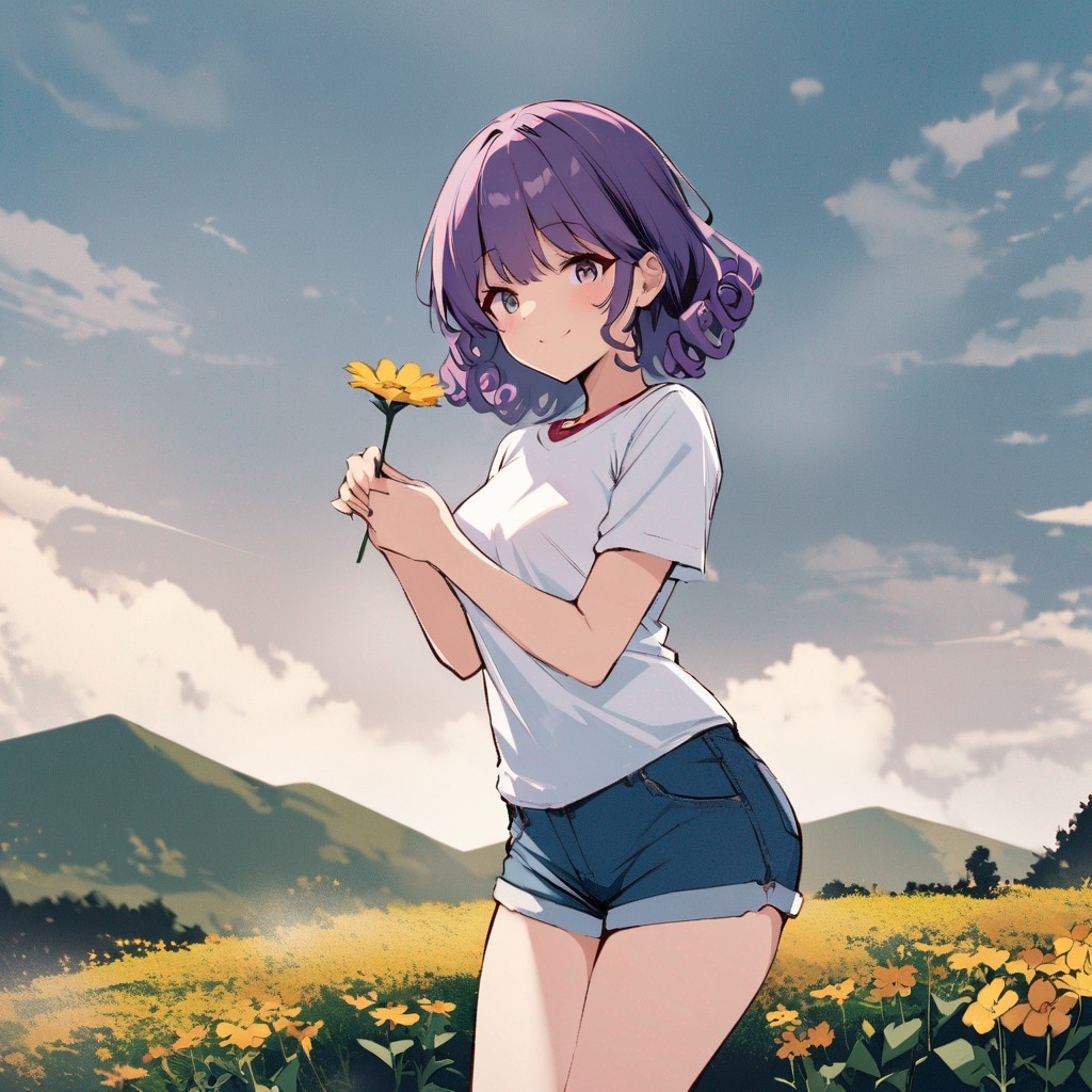 Example result. Prompt: 1girl, smiling, tshirt, jean shorts, purple curly hair, standing on a wildflower hill, bending over to pick a flower, flower in her…
