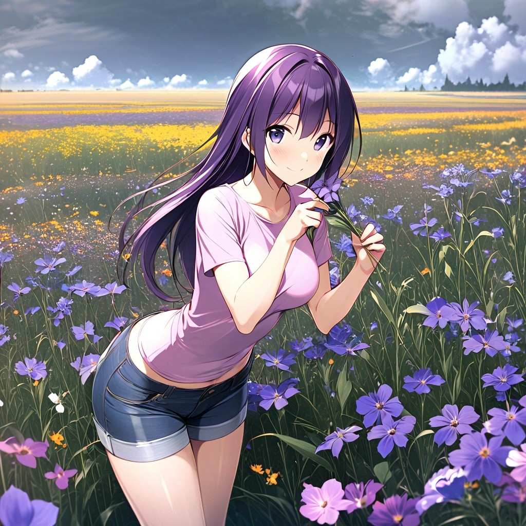 Example result. Prompt: 1girl, smiling, tshirt, jean shorts, purple curly hair, standing on a wildflower hill, bending over to pick a flower, flower in her…