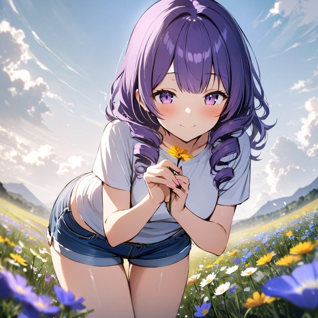 Example result. Prompt: 1girl, smiling, tshirt, jean shorts, purple curly hair, standing on a wildflower hill, bending over to pick a flower, flower in her…