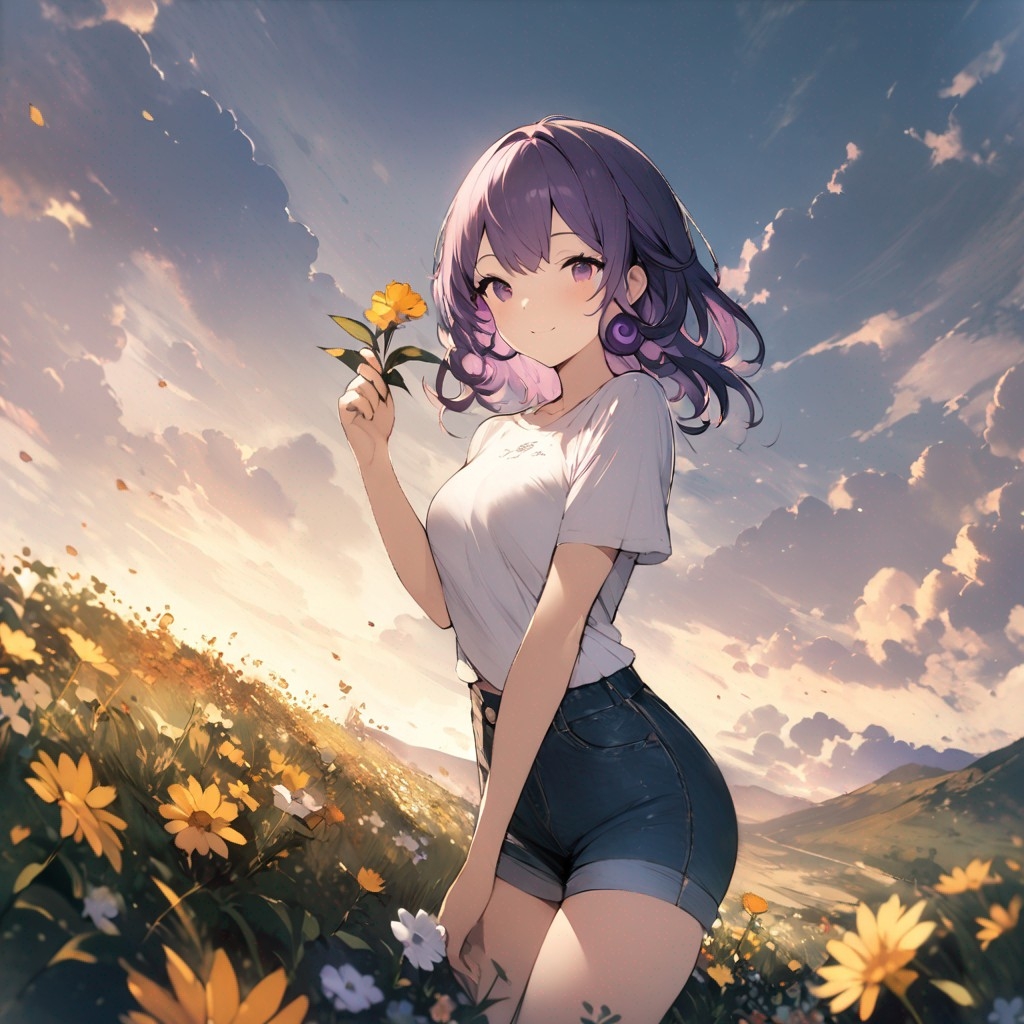 Example result. Prompt: 1girl, smiling, tshirt, jean shorts, purple curly hair, standing on a wildflower hill, bending over to pick a flower, flower in her…