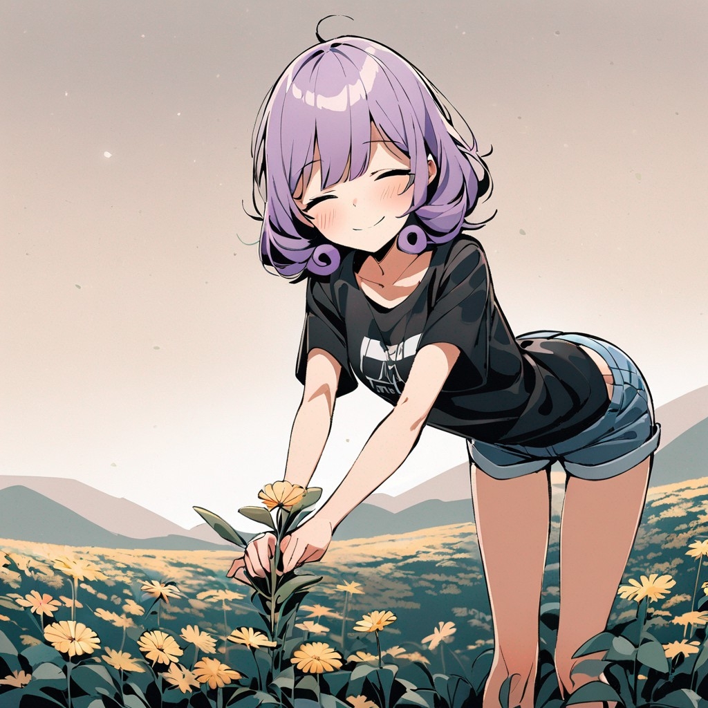 Example result. Prompt: 1girl, smiling, tshirt, jean shorts, purple curly hair, standing on a wildflower hill, bending over to pick a flower, flower in her…