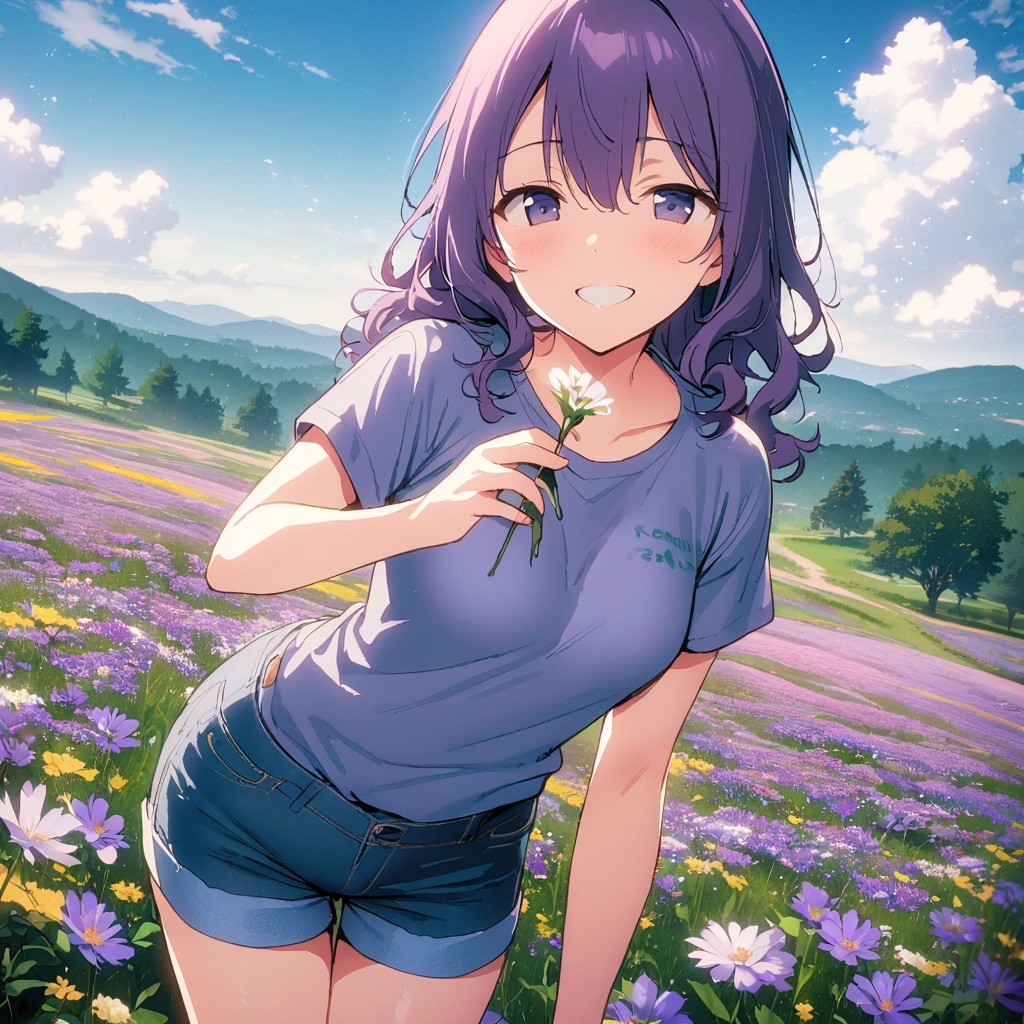 Example result. Prompt: 1girl, smiling, tshirt, jean shorts, purple curly hair, standing on a wildflower hill, bending over to pick a flower, flower in her…