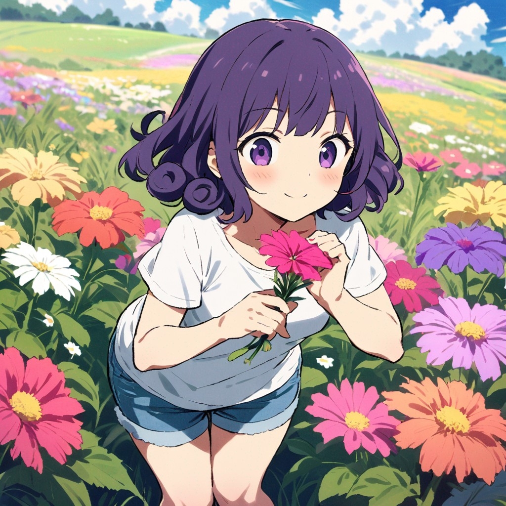 Example result. Prompt: 1girl, smiling, tshirt, jean shorts, purple curly hair, standing on a wildflower hill, bending over to pick a flower, flower in her…