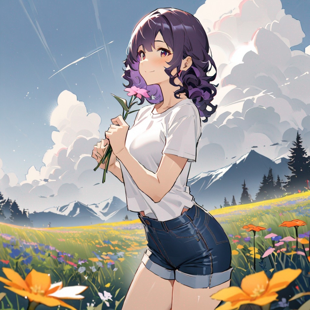 Example result. Prompt: 1girl, smiling, tshirt, jean shorts, purple curly hair, standing on a wildflower hill, bending over to pick a flower, flower in her…
