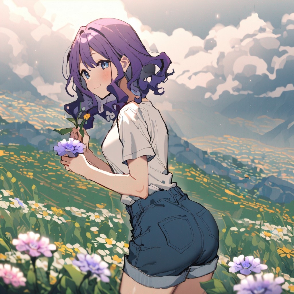 Example result. Prompt: 1girl, smiling, tshirt, jean shorts, purple curly hair, standing on a wildflower hill, bending over to pick a flower, flower in her…