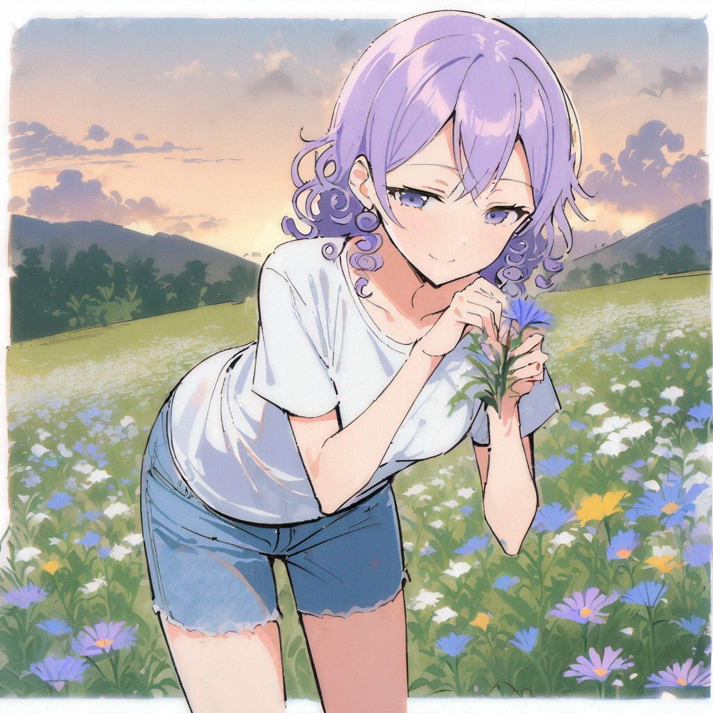 Example result. Prompt: 1girl, smiling, tshirt, jean shorts, purple curly hair, standing on a wildflower hill, bending over to pick a flower, flower in her…