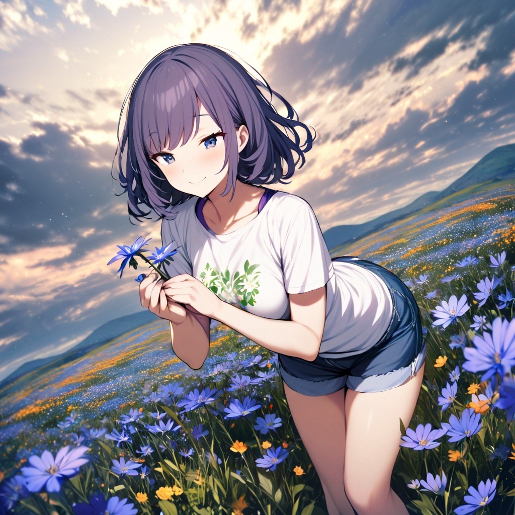 Example result. Prompt: 1girl, smiling, tshirt, jean shorts, purple curly hair, standing on a wildflower hill, bending over to pick a flower, flower in her…