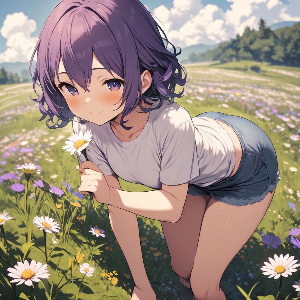 Example result. Prompt: 1girl, smiling, tshirt, jean shorts, purple curly hair, standing on a wildflower hill, bending over to pick a flower, flower in her…