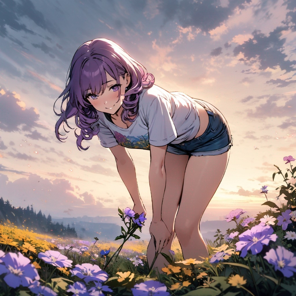 Example result. Prompt: 1girl, smiling, tshirt, jean shorts, purple curly hair, standing on a wildflower hill, bending over to pick a flower, flower in her…