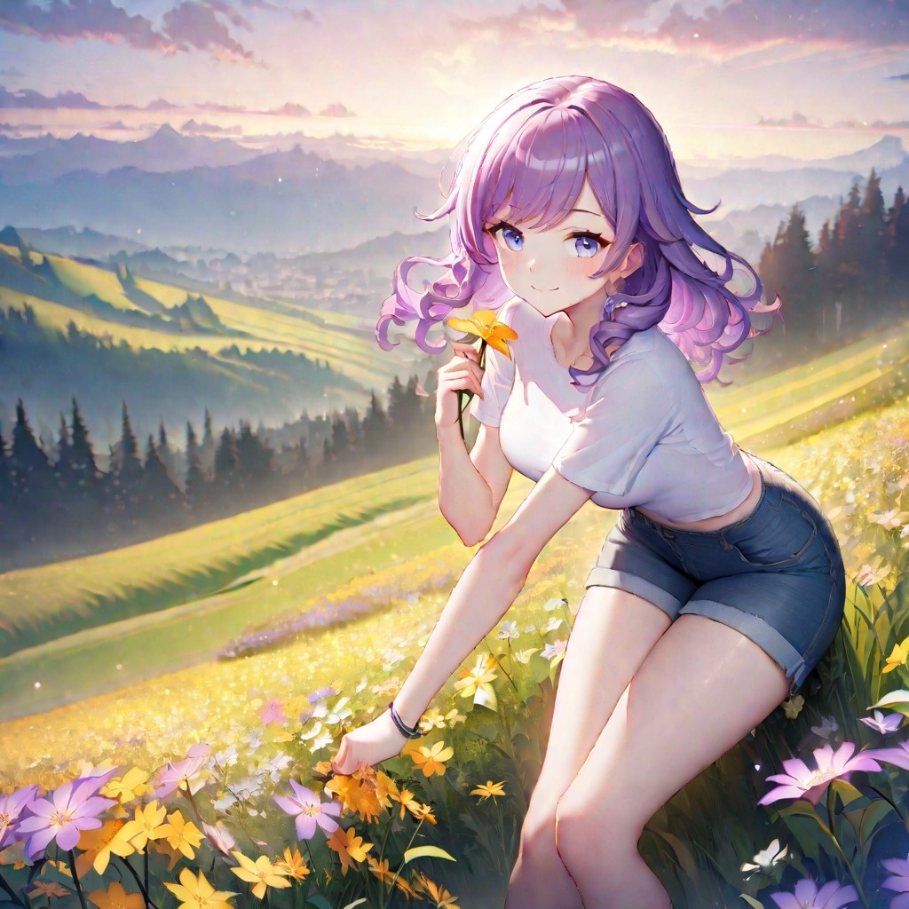 Example result. Prompt: 1girl, smiling, tshirt, jean shorts, purple curly hair, standing on a wildflower hill, bending over to pick a flower, flower in her…