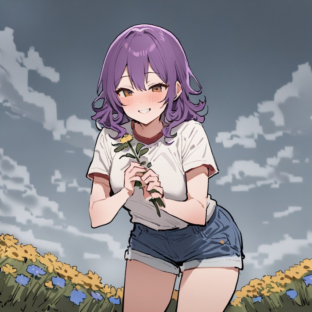 Example result. Prompt: 1girl, smiling, tshirt, jean shorts, purple curly hair, standing on a wildflower hill, bending over to pick a flower, flower in her…
