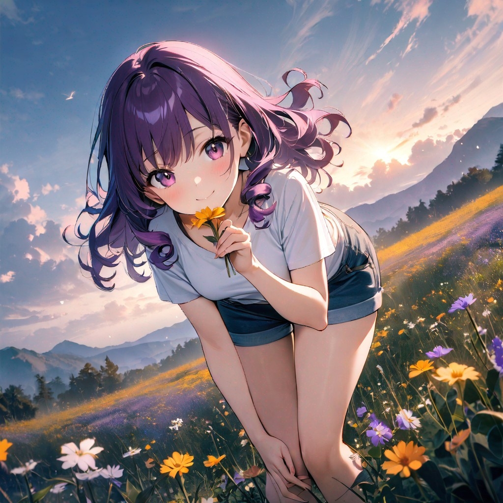 Example result. Prompt: 1girl, smiling, tshirt, jean shorts, purple curly hair, standing on a wildflower hill, bending over to pick a flower, flower in her…