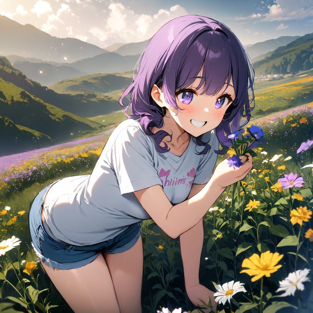 Example result. Prompt: 1girl, smiling, tshirt, jean shorts, purple curly hair, standing on a wildflower hill, bending over to pick a flower, flower in her…