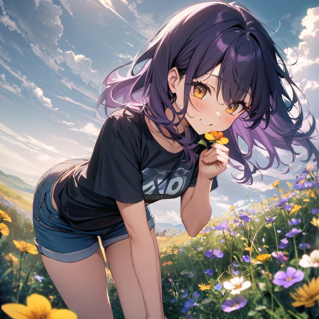 Example result. Prompt: 1girl, smiling, tshirt, jean shorts, purple curly hair, standing on a wildflower hill, bending over to pick a flower, flower in her…