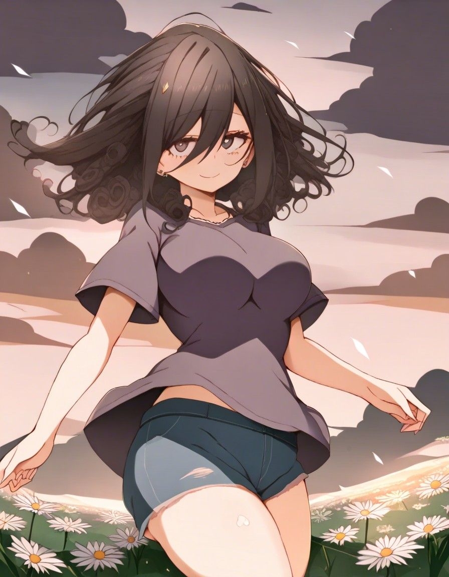 Example result. Prompt: 1girl, black hair, curly hair, t-shirt, purple-gray shirt, denim shorts, surrounded by daisy flowers, wind, cloudy sky,…