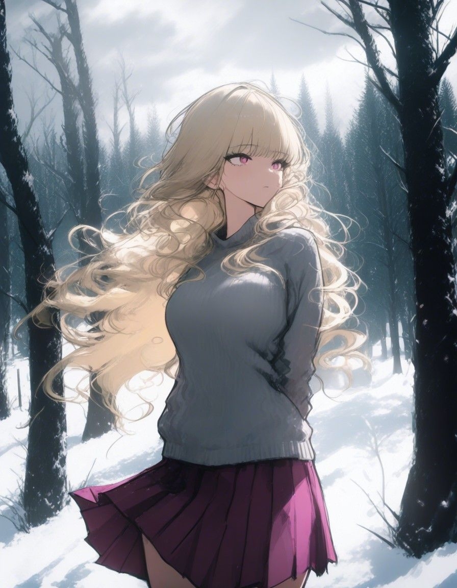 Example result. Prompt: 1girl, looking to the side, blonde hair, curly hair, wind, pink-gray sweater, pleated skirt, magenta skirt, cloudy sky, winter forest,…
