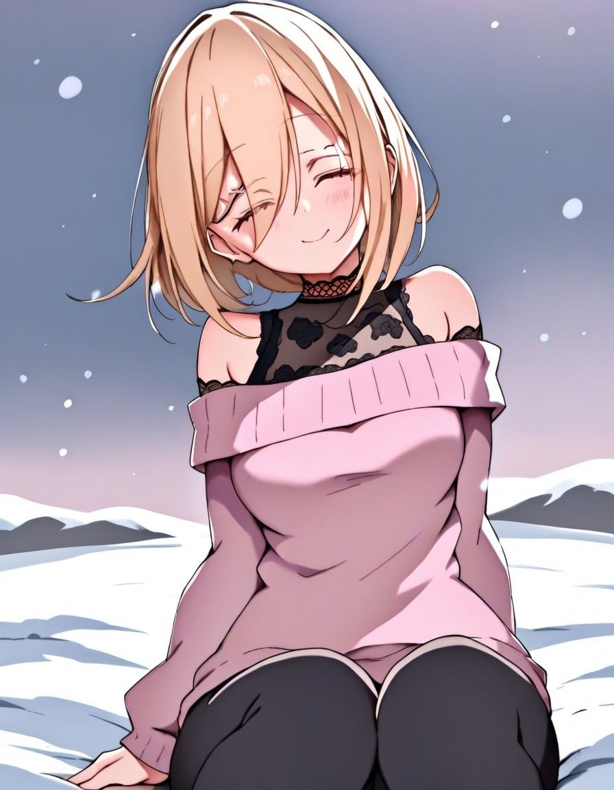 Example result. Prompt: 1girl, off-shoulder sweater, long pants, pale gray-pink sweater, black lace undershirt, black lace choker, blonde hair, medium hair,…