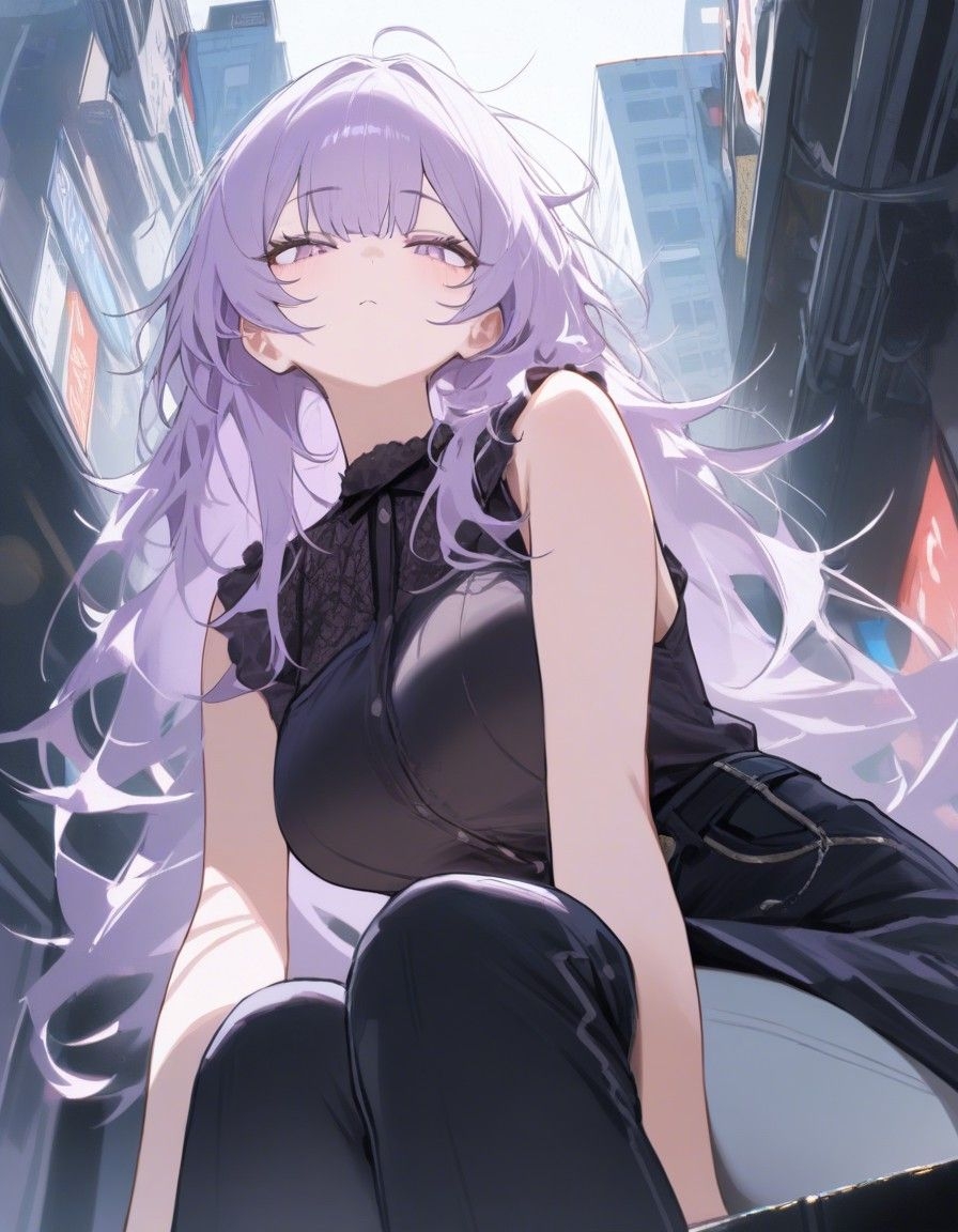 Example result. Prompt: 1girl, pale purple hair, long hair, messy hair, sleeveless blouse, pants, from below, city sidewalk, (danbal:1.3), masterpiece, high…