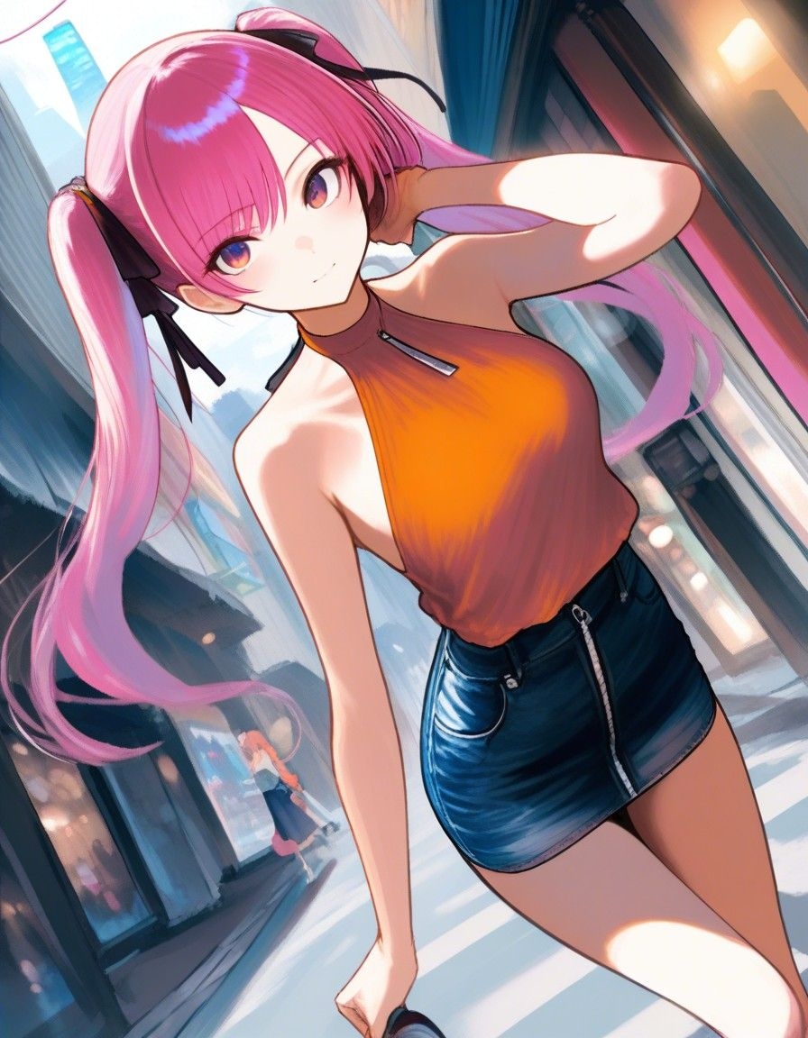 Example result. Prompt: 1girl, pink hair, twin tails, halter blouse, orange blouse, denim skirt, zipper skirt, Dutch angle, city street, (jazztaki:1.3),…