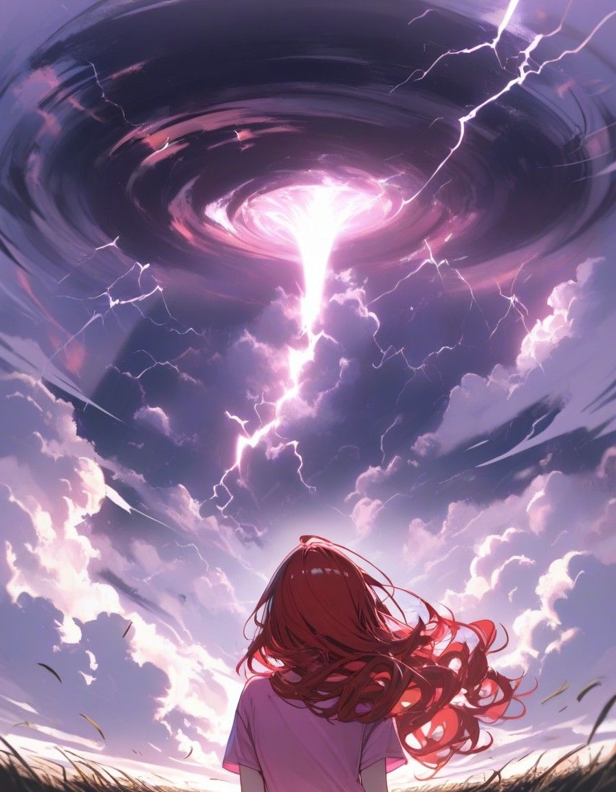 Example result. Prompt: 1girl, red hair, curly hair, t-shirt, pink-plum shirt, denim shorts, facing away, looking at an open field, wind, extreme storm,…