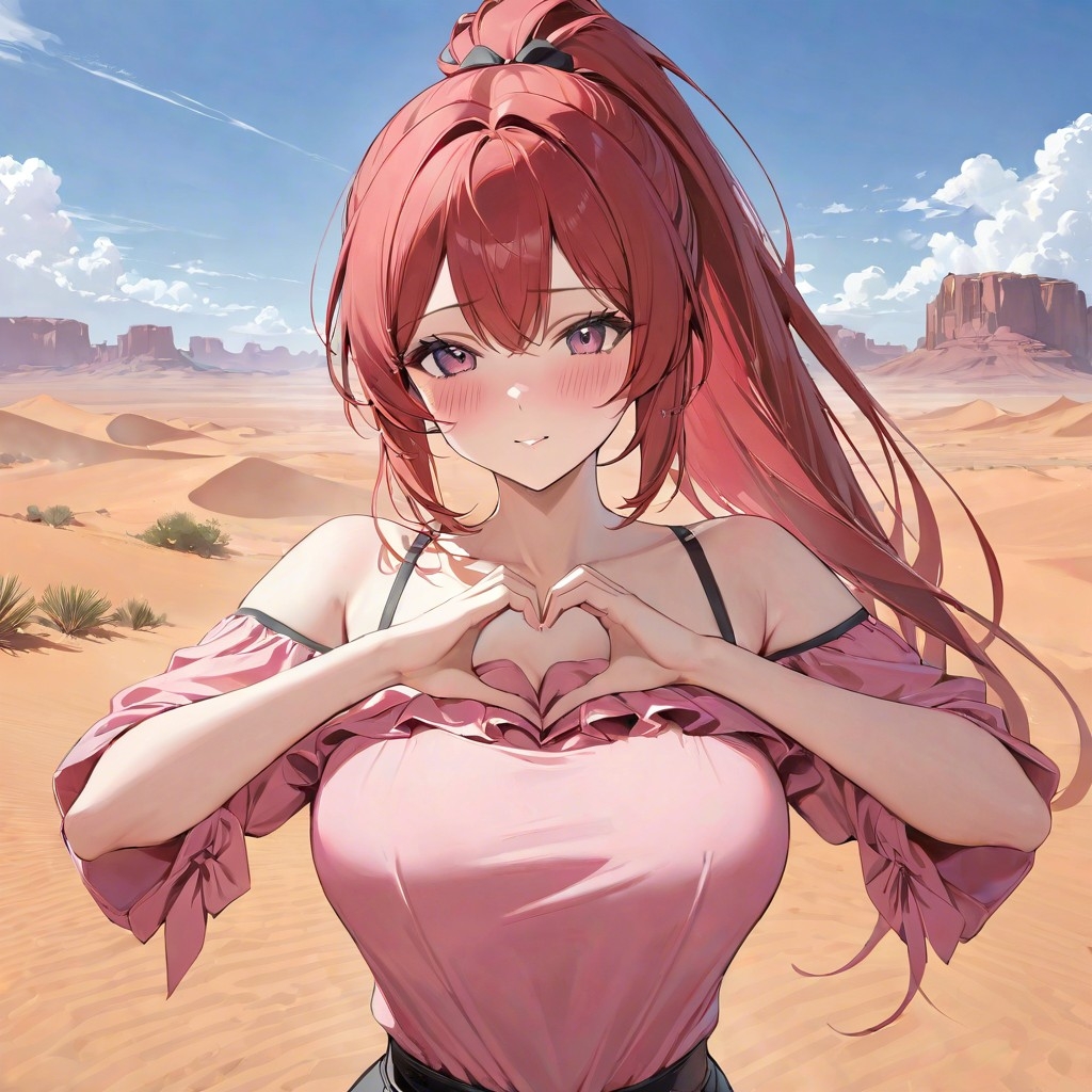 Example result. Prompt: 1girl, (heart hands over chest), blush, pink off-shoulder shirt, red hair, high ponytail, desert background, masterpiece, best…
