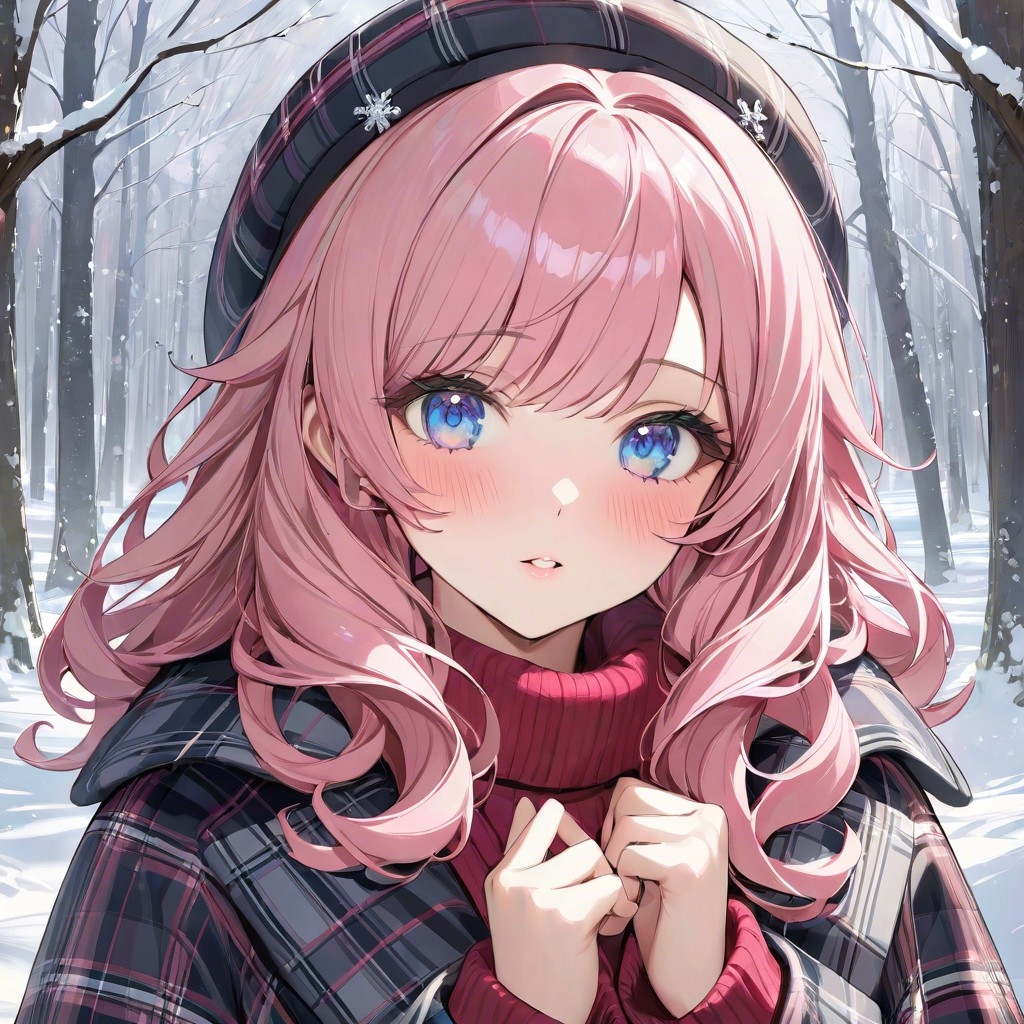 Example result. Prompt: 1girl, close up, blush, plaid coat, pink curly hair, blue sparkly eyes, snowfall, winter forest background, masterpiece, best quality,…