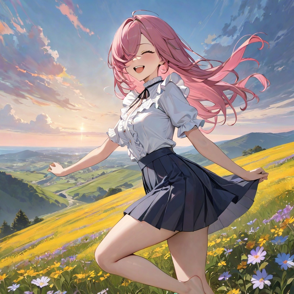 Example result. Prompt: 1girl, looking to the side, laughing, ruffle blouse, pleated skirt, pink hair, hair covering 1 eye, dancing on 1 foot, on a wildflower…