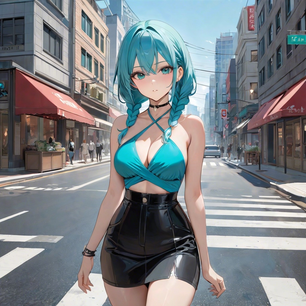 Example result. Prompt: 1girl, teal criss-cross halter blouse, aqua hair, twin braids, city street, masterpiece, best quality, very aesthetic Negative Prompt:…