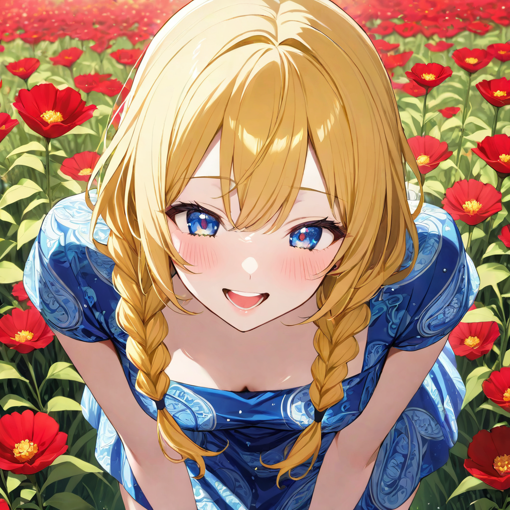 Example result. Prompt: 1girl, standing, leaning forward, laughing, blue paisley dress, yellow hair in two long braids, blue sparkly eyes, in a field of red…
