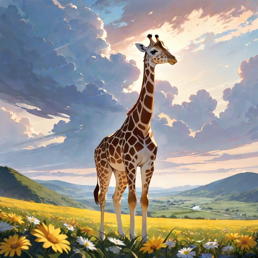 Example result. Prompt: cute giraffe standing on a wildflower hill, cloudy sky, masterpiece, best quality, very aesthetic Negative Prompt: lowres, bad…