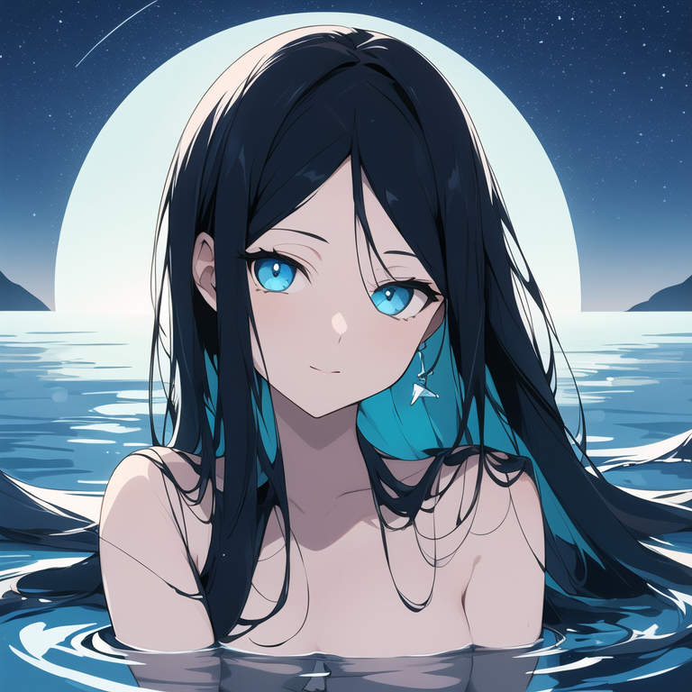 Example result. Prompt: beautiful woman with black hair, aqua blue eyes, in the deep sea, up close, aqua water, ripples, at night, teal-cobalt sky with stars…