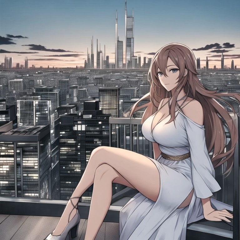 Example result. Prompt: beautiful woman sitting on a rooftop in the city, at dusk, (surrounded by taller buildings:1.3), (masterpiece, best quality) photo…