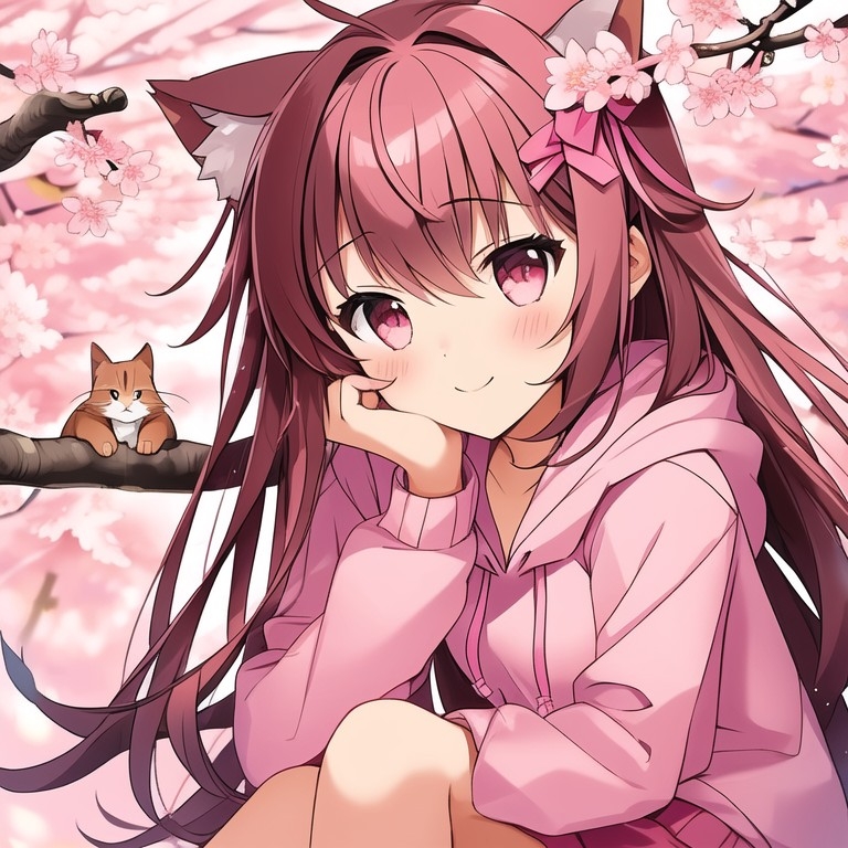 Example result. Prompt: cute girl with cat ears, perfect nose, wearing a pink hoodie, (up close:1.3), (sitting on the branch of a Sakura tree:1.3),…
