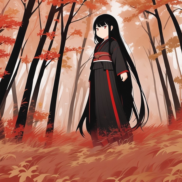 Example result. Prompt: cute male samurai warrior, long black hair, wearing black and red, standing in an (autumn forest:1.2), (cartoon style:1.2), vector…