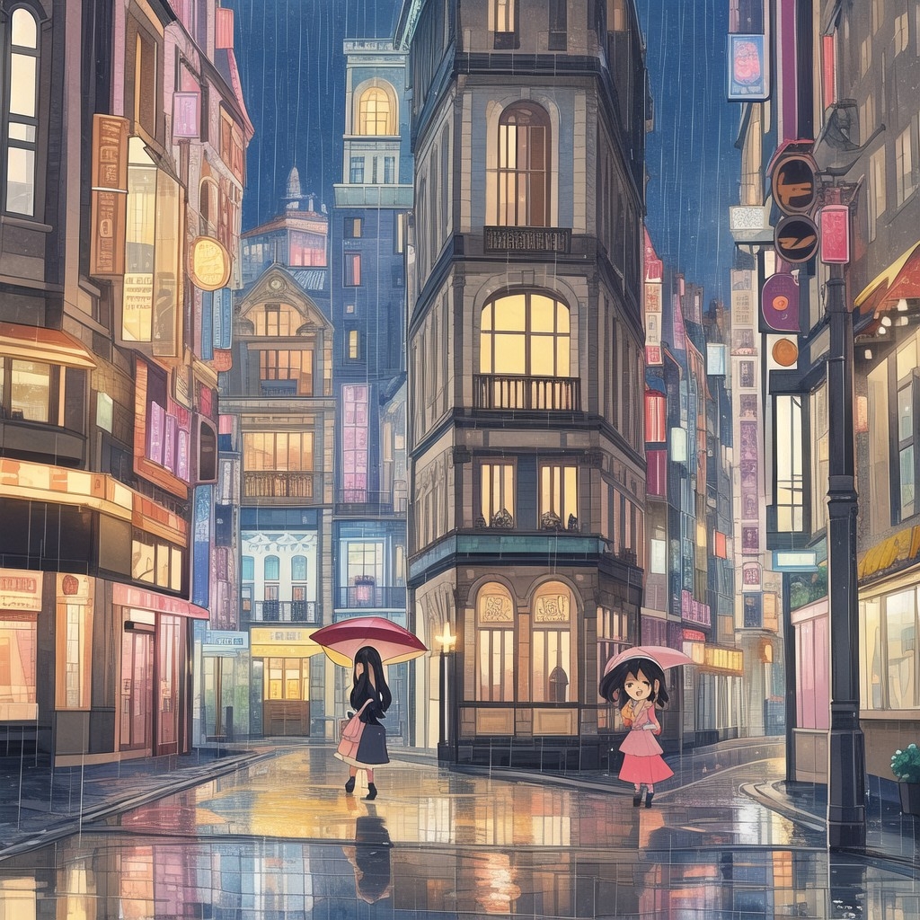Example result. Prompt: cute woman walking down a city street, close up, in the rain, beautiful buildings, reflection, colorful (cartoon style:1.2), vector…