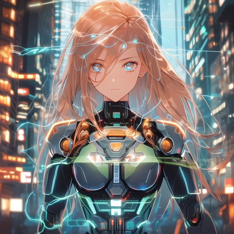 Example result. Prompt: cyborg with a beautiful face, transparent torso, (hair made of electronic cables and copper wire:1.1), glass, electronics, lights,…
