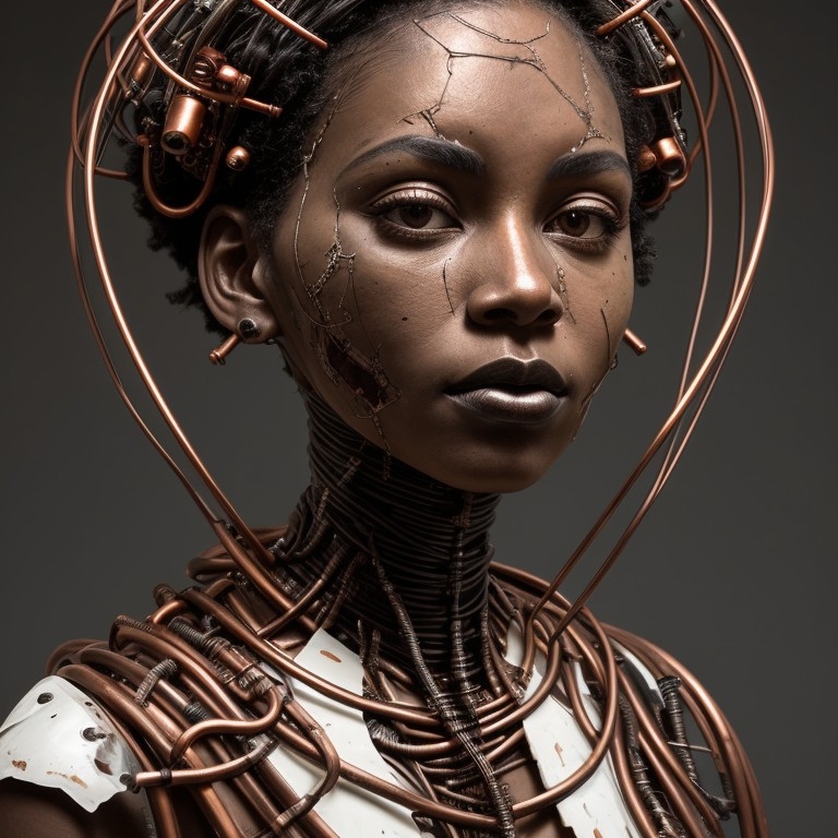 Example result. Prompt: beautiful black biopunk woman, with (copper wires:0.9) and (ivory accents:1.1), portrait, deconstructivism, rust on face Negative…
