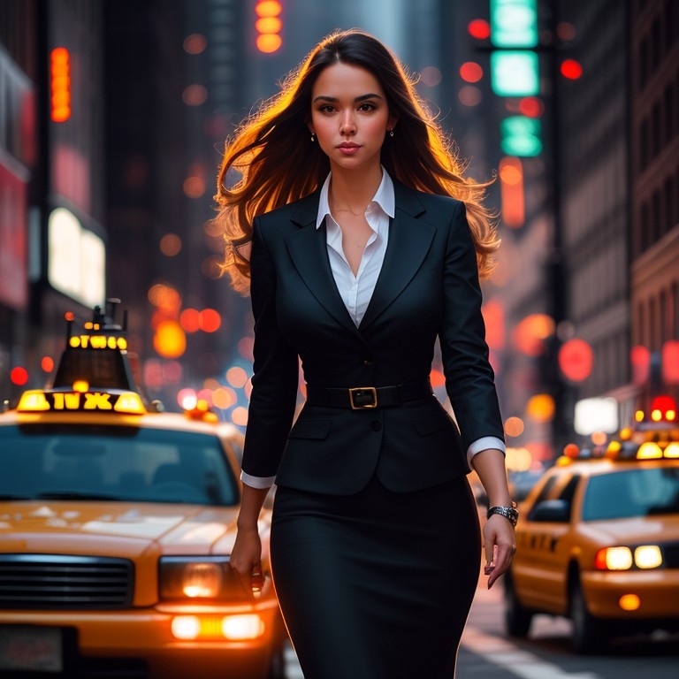 Example result. Prompt: beautiful woman walking in downtown New York, close up, dusk, taxi cabs, sharp focus, highly detail, majestic photograph, Trending on…