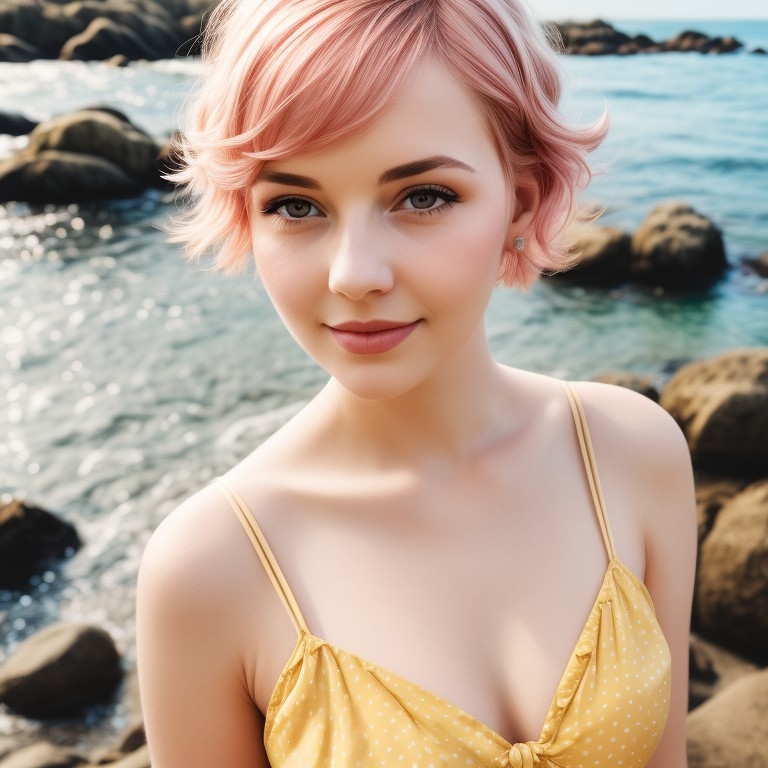 Example result. Prompt: beautiful woman at a rocky beach, wearing a yellow polka dot sundress, short pink hair, up close, portrait, best quality, cinematic…