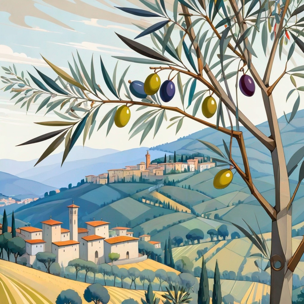 Example result. Prompt: (beautiful olives:1.3), growing on the branch of an olive tree, (close up), beautiful Tuscan hillsides in the background, (Wifredo…
