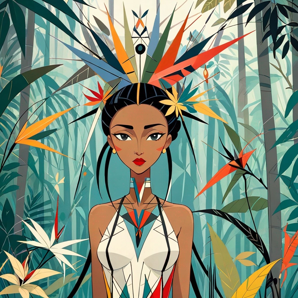Example result. Prompt: beautiful woman with tropical flowers in her hair, in a tropical forest, concept art illustration . coherent, (Wifredo Lam, Charley…