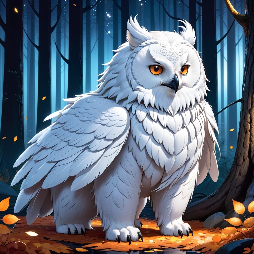 Example result. Prompt: owlbear, white fur and feathers, in an autumn forest, at night, fantasy concept art Negative: (deformed, distorted, disfigured:1.3),…