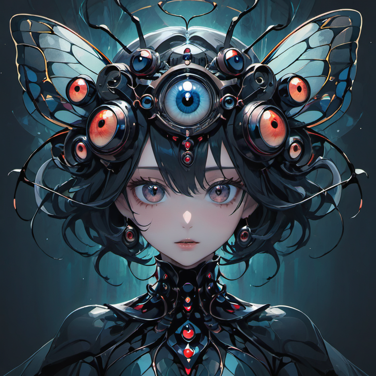 Example result. Prompt: abstract, woman, inspired, eerie beautiful, ultra detailed, conceptual, creative, artistic, aesthetic, insect eyes, dark surrealism,…